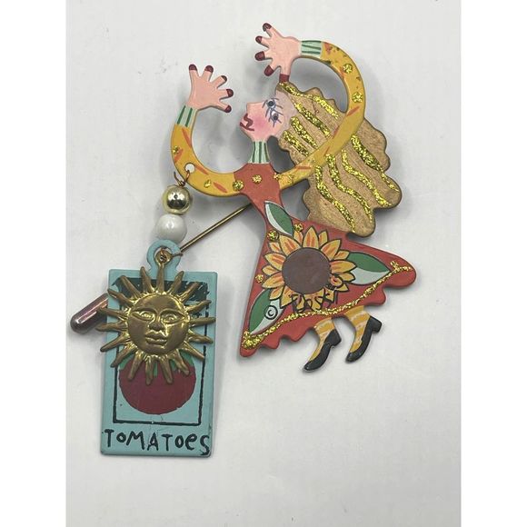 Vintage Rossi Garden Fairy Metal Stick Brooch Pin Tomato And Sun‎ - Picture 1 of 4